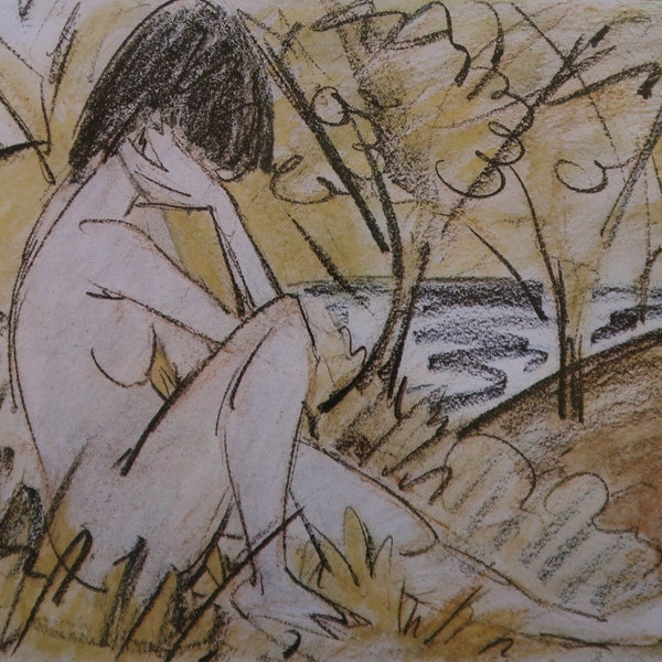 Otto Mueller vintage Impression 1977 | « Assis au bord du lac » (vers les années 1920) | Impression d’art | Décoration intérieure | Art mural | Fille nue | Décoration murale