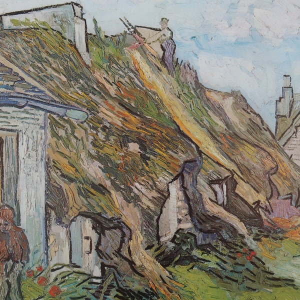 Vincent Van Gogh Vintage Print 1990 | "Cottages with Thatched Roofs & Figures" (1890) Home Decor | Post-Impressionist Vintage Wall Art