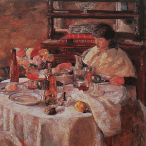 May include: A painting of a woman sitting at a table with a white tablecloth. There are several bottles of wine, glasses, and a plate of food on the table. The woman is wearing a white shirt and a dark shawl. The background is a dark brown.