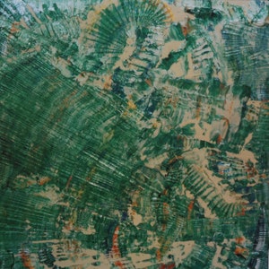 Peut inclure: Peinture abstraite avec un aspect texturé et superposé. La peinture présente des nuances de vert, de brun et d'orange.