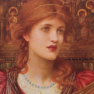 May include: A painting of a woman with long, flowing red hair. She is wearing a red dress and a gold necklace. She has a serious expression on her face and is looking to the right. The background is a gold and brown tapestry with figures of people.