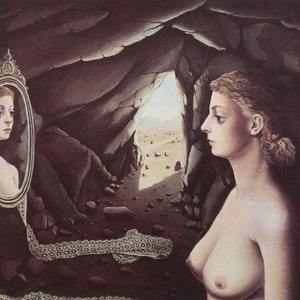 Paul Delvaux Vintage Print 1984 | &quot;Woman with a Mirror&quot; (1936) | Home Decor | Wall Art | Art Print | Surrealism | Wall Decor