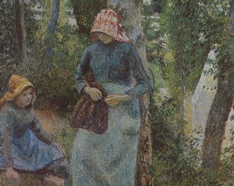 Camille Pissarro Vintage afdrukken 1978 | &quot;Twee jonge boerenvrouwen die onder de bomen kletsen&quot; (1881) | Kunstafdruk | Woondecoratie | Muur kunst