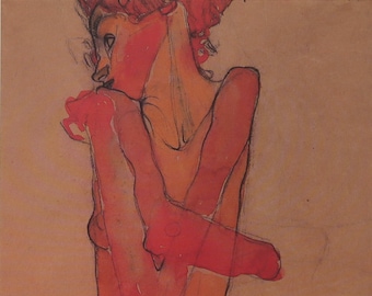 Egon Schiele vintage impression 1980 | Nu féminin debout, les bras croisés (1910) | Décoration d'intérieur | Véritable impression vintage | Art expressionniste