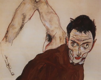 Egon Schiele Vintage Print 1996 | &quot;Self-Portrait in Leather Vest with Bent Elbow&quot; (1914) | Art Print | Home Decor | Wall Art | Wall Decor