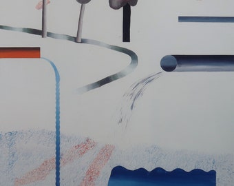 May include: Abstract painting with a blue, green, and red color scheme. The painting features a series of pipes and a waterfall flowing into a blue pool.