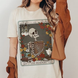 The Reader Tarot Card TShirt, Bookish Shirt, Witchy Stuff Mystical Literature Apparel, Skeleton Librarian Tee Shirt, Gift For Book Lover