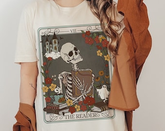 The Reader Tarot Card TShirt, Bookish Shirt, Witchy Stuff Mystical Literature Apparel, Skeleton Librarian Tee Shirt, Gift For Book Lover