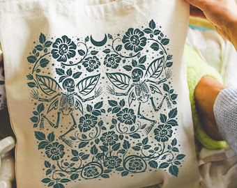 Fairy Garden Cotton Tote Bag: Floral Skull Goth Bag, Gift For Reader