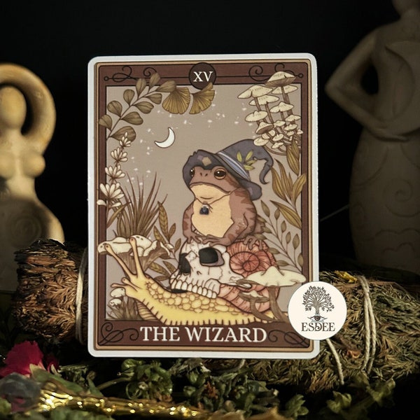 The Wizard Tarot Card Vinyl Sticker, Witchy Frog Holographic Glitter Tarot Journal Stickers, Mystical Goblincore Witch Aesthetic Stickers