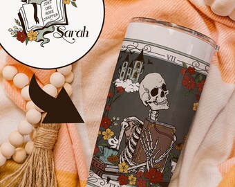 The Reader Tarot Card Tumbler, Personalized Bookish Skeleton Travel Coffee Mug