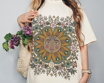 Virgo Zodiac Retro Comfort Colors T-shirt,  Boho Celestial Astrology Tee, Star Sign Horoscope Gift