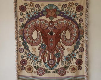 Aries Zodiac Cotton Woven Throw Blanket, Retro Celestial Astrology Tapestry, Star Sign Gift