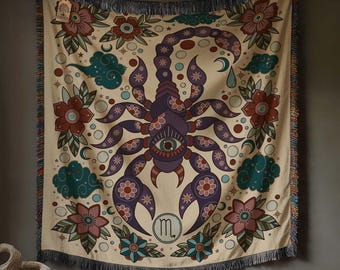 Scorpio Zodiac Cotton Woven Blanket, Retro Celestial Astrology Tapestry Throw, Star Sign Gift