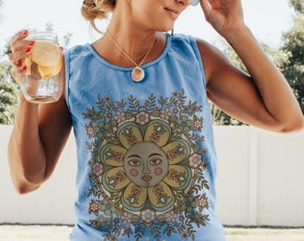 Wildflower Folk Art Tank Top: Comfort Colors Boho Muscle Tee