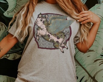 Flying Pig Graphic T-Shirt, Cottagecore Shabby Chic Tee, Vegan Shirt