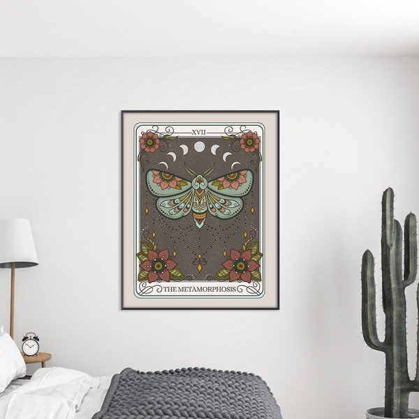 The Metamorphosis Tarot Card Premium Poster, Mystical Forestcore Print, Witchy Decor, Butterfly Cottagecore Art Above Bed Livingroom