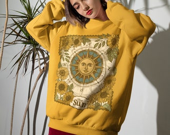 Sudadera vintage con carta del tarot del sol, estilo cottagecore con estampado de girasoles y cuello redondo