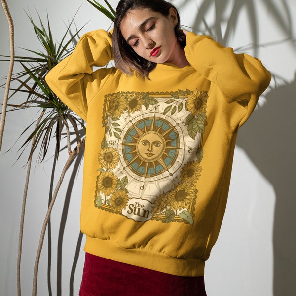Sudadera vintage con carta del tarot del sol, estilo cottagecore con estampado de girasoles y cuello redondo