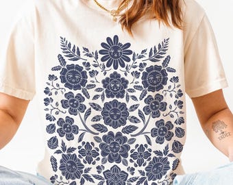 Whimsical Flower Faces Comfort Colors T-Shirt,  Retro Folk Floral Block Print Cotton Shirt