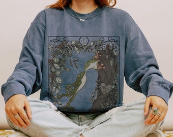 Aangepaste The Lovers Tarot Card Comfort Kleuren Sweatshirt, Goblincore Kikker Crewneck Sweatshirt, Cottagecore Mushroom Forest Sweater, Kikker Cadeau