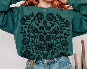Retro Roses Comfort Colors Sweatshirt, Hand Drawn Floral Block Print, Cottagecore Boho Pullover