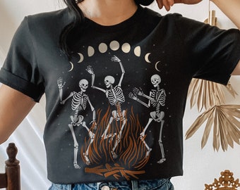 Dancing Skeleton Shirt, Witchy TShirt, Grunge Clothing, Oversized Tee, Mall Goth Tee, Mystic Moon Phase TShirt, Witch Celestial TShirt