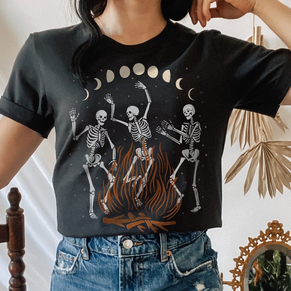 Dancing Skeleton Shirt, Witchy TShirt, Grunge Clothing, Oversized Tee, Mall Goth Tee, Mystic Moon Phase TShirt, Witch Celestial TShirt