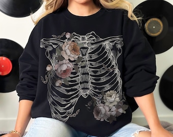 Hand Drawn Floral Rib Cage Gildan Sweatshirt, Spooky Gothic FlowersAlternative Clothing, Personallized Star Sign Shirt