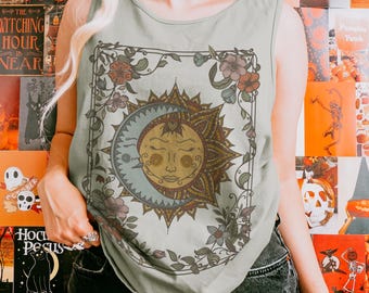 Floral Sun and Moon Cotton Tank Top: Cottagecore Bohemian Shirt