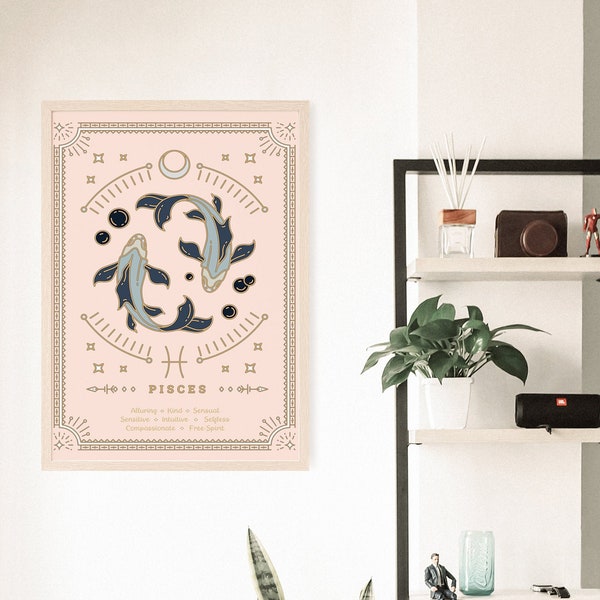 Pisces Print Zodiac Poster Wall Art, Pisces Constellation Home Decor For Bedroom, Star Sign Art Print, Pisces Witchy Horoscope Home Decor