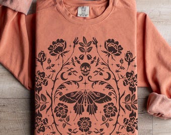 Gothic Garden Sweatshirt: Floral Skull Butterfly Comfort Colors Crewneck