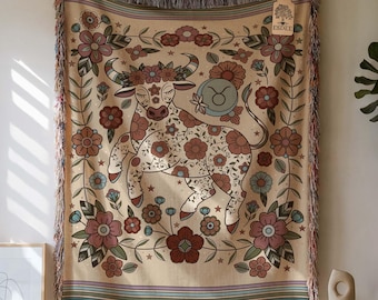 Taurus Zodiac Cotton Woven Throw Blanket, Retro Celestial Astrology Tapestry, Star Sign Gift