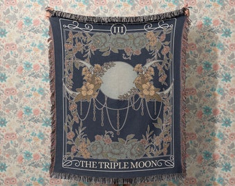 Triple Moon Tarot Card Cotton Woven Blanket, Witchy Triple Goddess Woven Throw Blanket, Botanical Floral Moon Phase Tapestry Wall Hanging