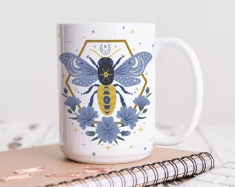 Bee Custom Coffee Mug, Ceramic 15 oz Cottagecore Mug, Personalized Mug, Honey Bee Scandinavian Folk Art Mug, Celestial Mug, Coffee Lover