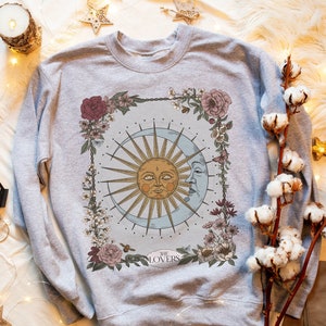Moletom The Lovers Tarot Card Crewneck, suéter pulôver Sol e Lua, Boho Witchy Cottagecore Moletom feminino moletom grande,