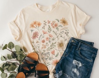 Pastel Floral T-Shirt, Boho Cottagecore Wildflower Tee