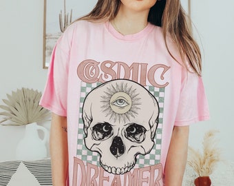 Cosmic Dreamer Comfort Colors T-Shirt, Retro Celestial Skull Streetwear Tee
