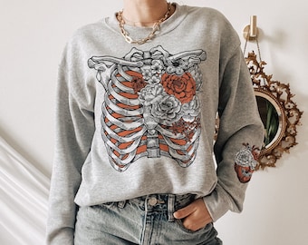 Felpa con scheletro floreale e gabbia toracica, pullover gotico, vestibilità unisex