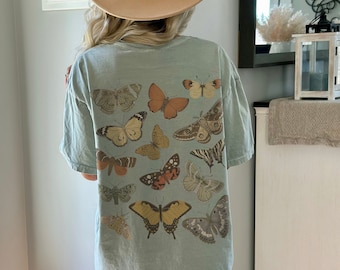 Retro Schmetterling Print Comfort Farben T-Shirt, Granola Girl Ästhetik