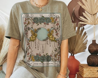 The Triple Moon Tarot Card Oversized T-Shirt, Mystical Moon Phase Shirt, Witchy Clothing, Triple Goddess Tee, Celestial Moon Phase Top