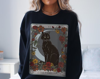 The Familiar Custom Tarot Card Crewneck Sweatshirt, Spirit Animal Pullover Sweater, Personalized Witchy Oversized Sweatshirt, Mystical Shirt