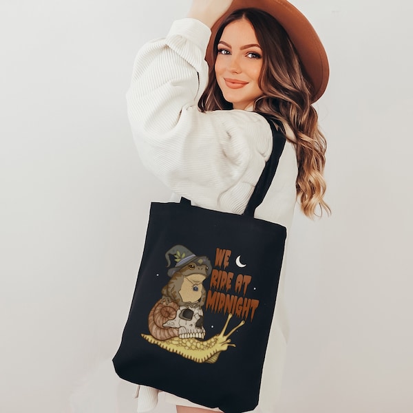 Witchy Frog Eco Friendly Organic Cotton Canvas Reusable Tote Bag, Goblincore Market Shopping Bag, Toad Snail Cottagecore Sustainable Gift