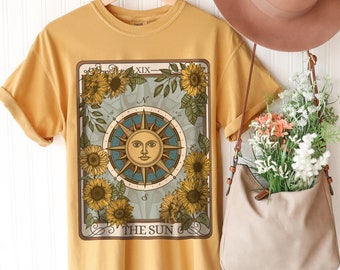 The Sun Tarot Card Comfort Colors TShirt, Witchy Celestial Clothing, Vintage Garment Dyed Sunshine Tee, Cute Trendy Boho Oversized Shirt