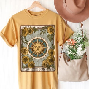 The Sun Tarot Card Comfort Colors TShirt, Witchy Celestial Clothing, Vintage Garment Dyed Sunshine Tee, Cute Trendy Boho Oversized Shirt
