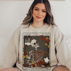 Die Leser Tarot-Karte Rundhals-Sweatshirt, Skeleton Pullover Pullover, Buch-Liebhaber-Sweatshirt Frauen, Lese Bookish übergroßer Pullover