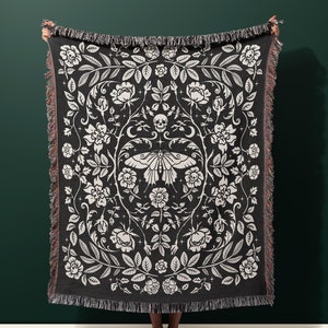 Gothic Garden Cotton Woven Throw Blanket: Floral Skeleton Tapestry