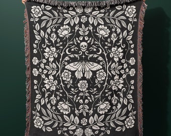 Gothic Garden Cotton Woven Throw Blanket: Floral Skeleton Tapestry