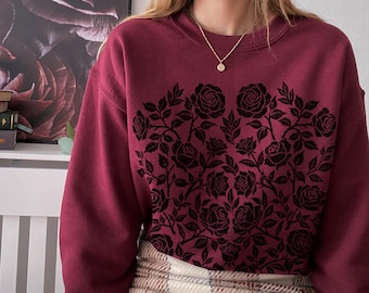 Rose Garden Gildan Sweatshirt, Gothic Linocut Floral Jumper, Retro Dark Academia Clothing