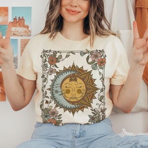 Sun and Moon Oversized TShirt, Cute Boho Cottagecore Aesthetic Tee, Witchy Stuff, Botanical Floral Celestial Tee Shirt, Mystical T-Shirt